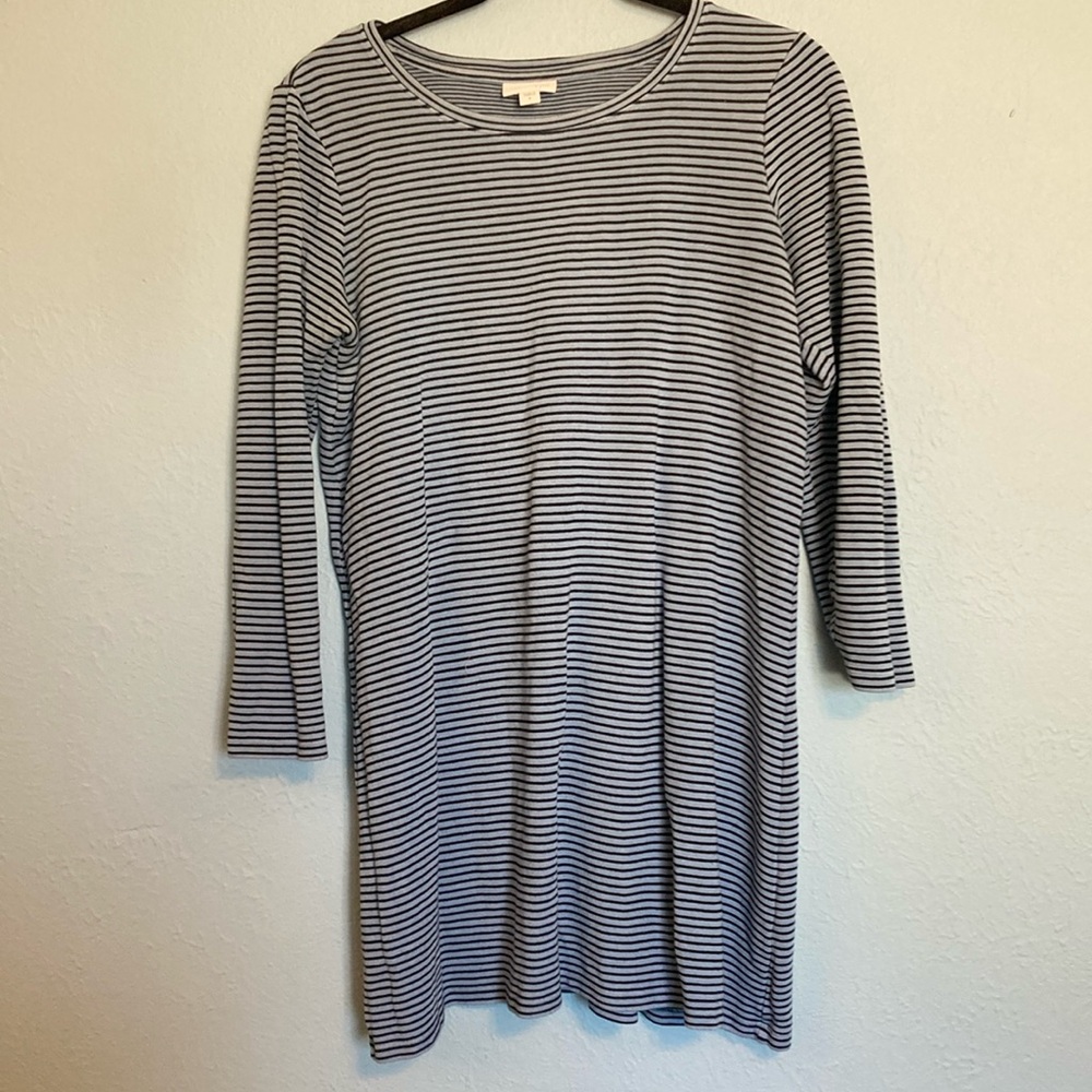 J Jill Womens Sz M Blue Black Small Stripes Long Sleeve Knit Shift T-Shirt Dress